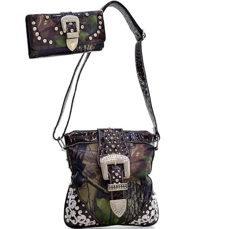 Gold Rush Gold Rush MG22WB109SET-GN - CAM Women Bling Rhinestone Buckle Messenger Bag Wallet Set with Brown Croc Trim - Green & Cam MG22WB109SET-GN/CAM